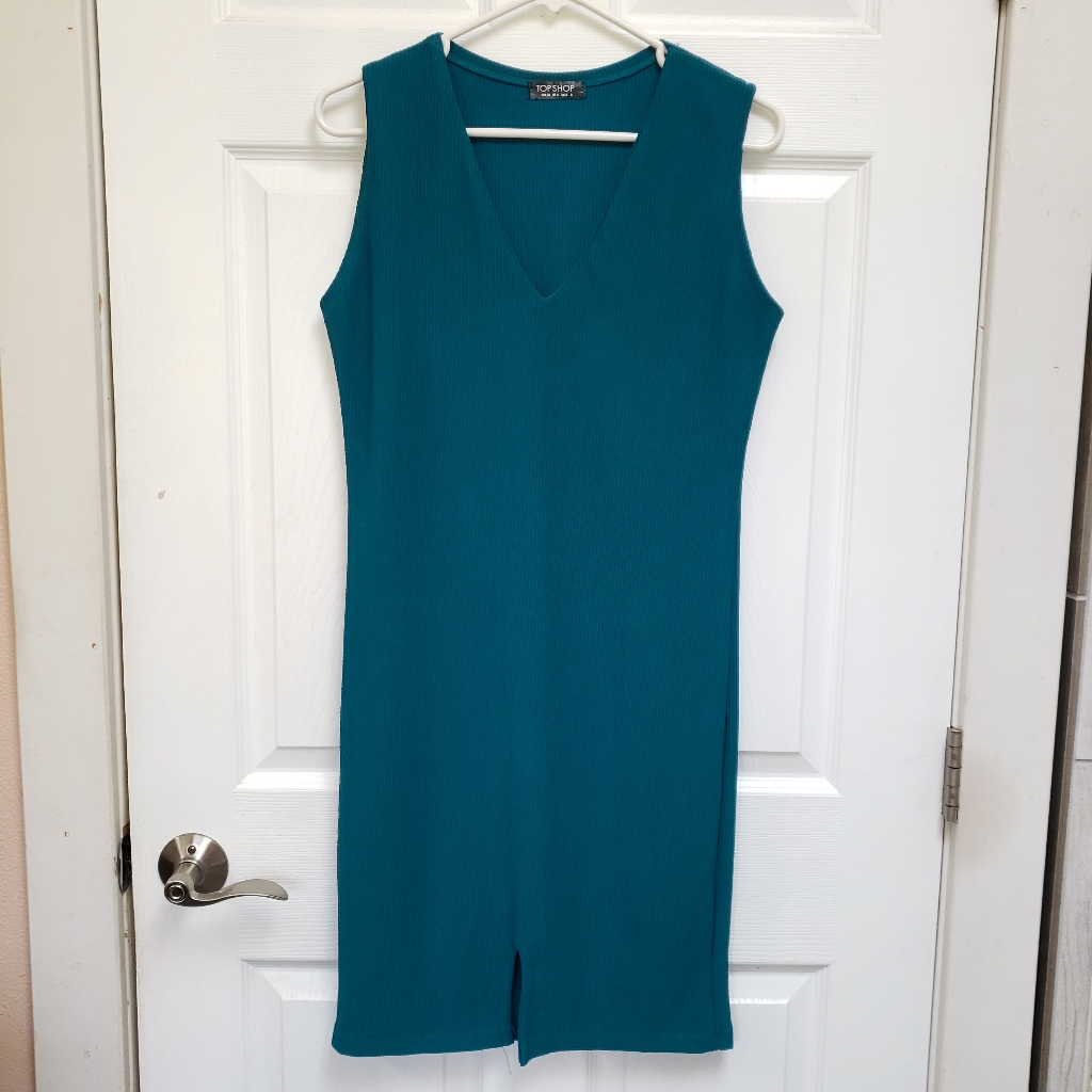 Topshop Teal Ribbed Sleeveless Front Slit Stretchy Bodycon Dress